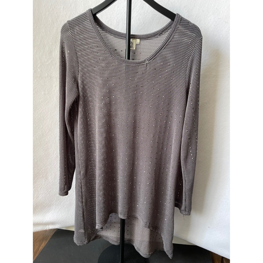 QR Fashion Apparel Rhinestone Open Knit High Low Tunic Top Gray SM